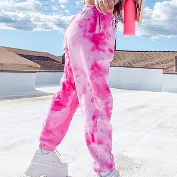 2020. gadā Tie Krāsošanas Treniņbikses Sieviešu Elastīgs Viduklis Baggy Bikses Hip Hop Gadījuma Vaļīgas Bikses, Modes Dāma Rozā Bikses Skriešanas bikses