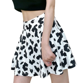 2020 jauni svārki melnā un baltā govs drukāt augstā vidukļa kroku svārki sieviešu modes gudrs kroku svārki mini svārki