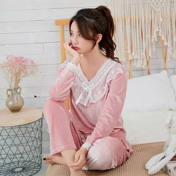 2020 Rudens Ziemas garām Piedurknēm Zelta Samta Pajama Komplekti Sievietēm Jaukām Mežģīnēm V-veida kakla Sleepwear Uzvalks Homewear Pijama Mujer Mājas Drēbes