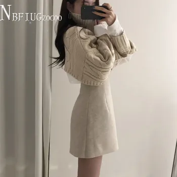 2020 Rudens Ziemas Jauno Korejas Modes Sievietēm Komplekti Augstu Uzrullētu Apkakli Džemperis Un Neregulāra Svārki Sieviešu Komplekti