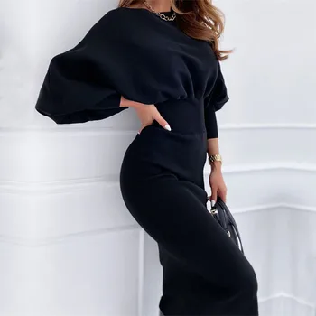 2020 Rudens Ziemas Melna Rozā Bodycon Elegants Birojs Sieviete Kleitas, Drēbes Femmen Modes O-veida kakla garām Piedurknēm Zīmulis Kleita Sievietēm