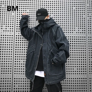 2020 Rudens Ziemas Modes Hip Hop Gadījuma Kapuci Jaka Korejiešu Stilā Vaļīga Apģērba Streetwear Svītrains Kažoks Džinsa Topi Vīriešiem