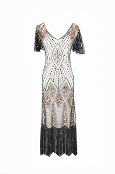 20s Sievietes Puses Kleitu, Tērpu Femmel 1920 Great Gatsby Flapper Sequin Bārkstis Midi Kleitu Vestido Vasaras Art Deco Retro Melna Kleita