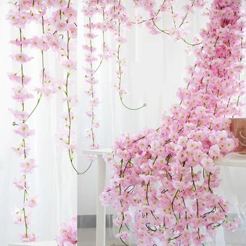 230cm Ķiršu Ziedi Ziedu Stādījumiem Mākslīgā Sakura Ziedu Vainags Rotangpalmas Kāzu Arkas, Puse Mājas Sienas Karājas Dekoru Efeja