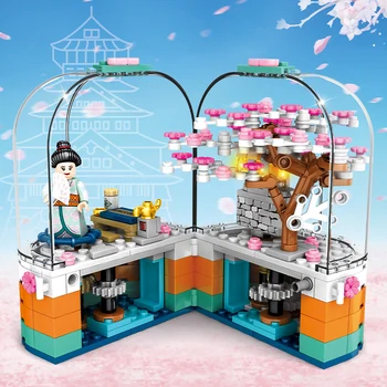 259Pcs Rotējošo Sakura Lodziņā Celtniecības Bloki Japāņu stila Pilsētas Ēka Sērija Draugiem Skaitļi Ķieģeļi Rotaļlietas Meitenēm