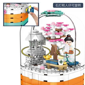 259Pcs Rotējošo Sakura Lodziņā Celtniecības Bloki Japāņu stila Pilsētas Ēka Sērija Draugiem Skaitļi Ķieģeļi Rotaļlietas Meitenēm