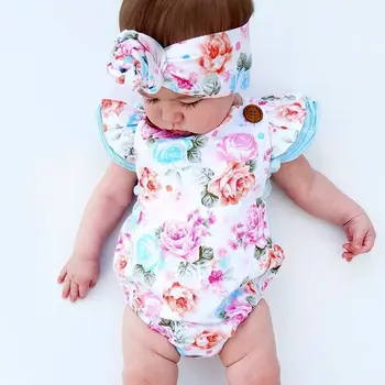 2gab/Komplekts ! Vasaras 2017 Cute Bērnu Baby Meitenes Ziedu Piedurknēm Romper +Galvas Vasaras Sunsuit Drēbes, Apģērbs, Komplekts