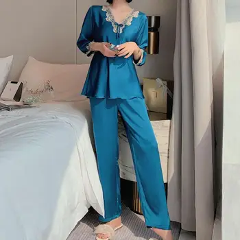 2GAB Sleepwear Intīmas Apakšveļa Sievietēm Satīna Pidžamas Uzvalks Vasarā Jaunu Pidžamas Gadījuma Zīdaini Peldmētelis Mežģīņu Krekls&Bikses Kopa