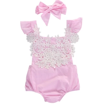 2GAB Super Cute Rozā baby Romper meitenes Jaundzimušais Meitene Kombinezonus Jumpsuit Mežģīņu Ziedu Drēbes Galvu Tērpiem Sunsuit
