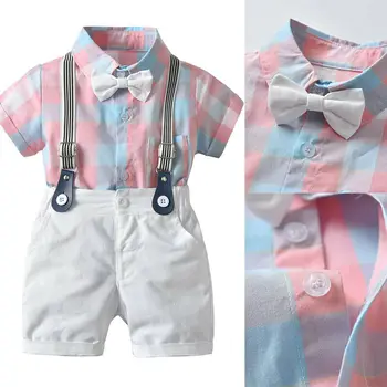 2gab Toddler Bērniem, Baby Boy Džentlmenis Apģērbs Formālās Drēbes, Puse Rozā Pleds Loku T-krekls Top Romper Baltas Bikses, kombinezoni ar Krūšdaļu Kokvilnas Komplekts