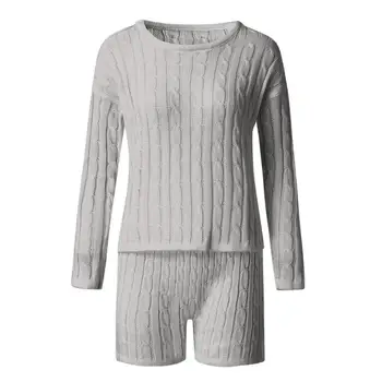 2PC Ziemas Adīti Kokvilnas Sieviešu Pidžamas Komplekts Ir 2021. Dāmas Cieta Sexy Pie Pleca Siltu Sleepwear Modes Īss Tērps Pijama Mujer