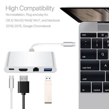 3.0 HUB USB-C sadalītāja Tipa-c HDMI+ tīkla karte RJ45 pārveidotājs Mac IOS otg maksu par Macbook Air, Pro HDTV C Tipa HDMI