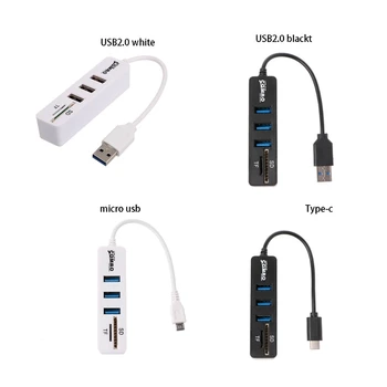 3 Portu USB 2.0 Hub Sadalītāja Combo Micro USB Savienotājs OTG Kabelis, atmiņas karte SD/TF Card Reader E65E