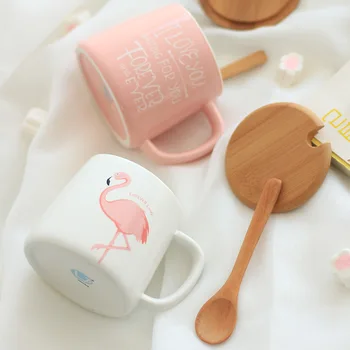 350ml Cute Rozā Flamingo Keramikas Kafijas Krūze ar Vāku un Karoti Kafijas Piens, Tēja, Ūdens Krūzes Radošas Dāvanas