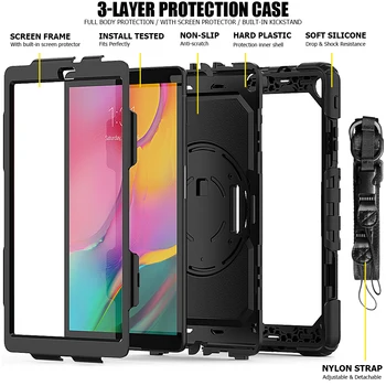 360 Rotējoša Case for Samsung Galaxy Tab 10.1 2019 T510 T515 SM-T510 SM-515 Tablete Vāka ar Roku Plecu Siksna + Pildspalva + Filma