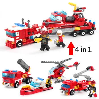 363pcs Ugunsdzēsības 4in1 Kravas Auto Helikopteru Laivu Celtniecības Bloki Savietojami Legoing Pilsētas Ugunsdzēsēja Skaitļi Bērnu Rotaļlietas