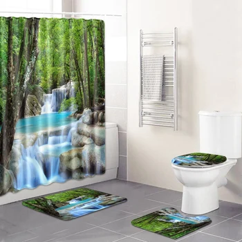 3D Dabas Ainavu Vannas istaba Uzstādītu Dušas Aizkars Tualetes Vāku, Vāka Vannas Paklājiņš 4gab Komplekts