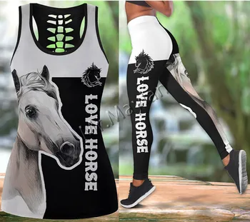 3D Drukas Modes Dzīvnieku Mīlestība Zirgu Mākslas Melna Balta Sievietes Dobi Tanktop & Legging Hipster Brīvā laika Sieviešu Sexy Veste Drēbes S-29