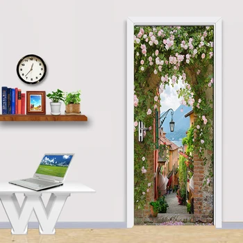 3D Durvju Uzlīmes Tapetes, Sienas Uzlīmes Mājas Dekors Art Sienas Gleznojums mazpilsētā Ziedi PVC Noņemams Sienas Plakātu Durvju Tapetes