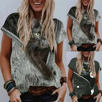 3D Dzīvnieku Kaķis Iespiesti Sieviete Blūze Krekli Vasaras Svītru Harajuku Īsām Piedurknēm O-veida kakla Džemperis Top Lady Plus Lieluma Mujer Camisetas