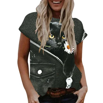3D Dzīvnieku Kaķis Iespiesti Sieviete Blūze Krekli Vasaras Svītru Harajuku Īsām Piedurknēm O-veida kakla Džemperis Top Lady Plus Lieluma Mujer Camisetas