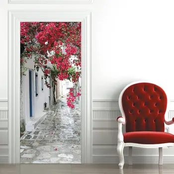 3D Eiropas ziedi iela Vinila Decal Durvju Ielīmi, Guļamistaba, Dzīvojamā Istaba dāvana mākslas PVC Ūdensnecaurlaidīga Decal durvju wrap 77*200cm
