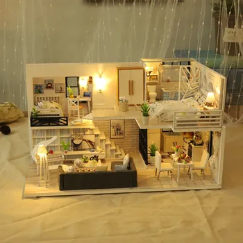3D Koka Namiņš DIY Miniatūra Mājas mēbeles, Mēbeles LED Māju Mīklu, Rotā Radošas Dāvanas, rotaļlietas bērniem, Mini Leļļu Nams z7