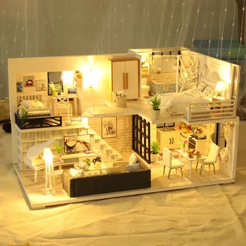 3D Koka Namiņš DIY Miniatūra Mājas mēbeles, Mēbeles LED Māju Mīklu, Rotā Radošas Dāvanas, rotaļlietas bērniem, Mini Leļļu Nams z7