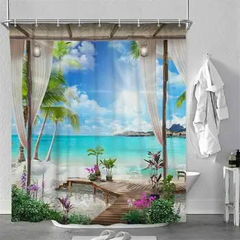 3D Sunny Beach Iespiesti Dušas Aizkaru Komplekts Jūras Ainavu Vannas Ekrāna Ūdensizturīgs Vannas Aizkari, kas Nav Paslīdēt Vannā Mat Pjedestāla Paklājs
