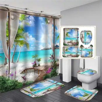 3D Sunny Beach Iespiesti Dušas Aizkaru Komplekts Jūras Ainavu Vannas Ekrāna Ūdensizturīgs Vannas Aizkari, kas Nav Paslīdēt Vannā Mat Pjedestāla Paklājs