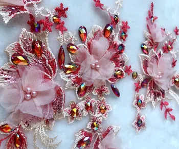 3D-trīsdimensiju izšuvumi, ziedu sarkanu mežģīņu aplikācijas apdares plāksteri plāksteri 37*27cm par kleitu DIY piederumi