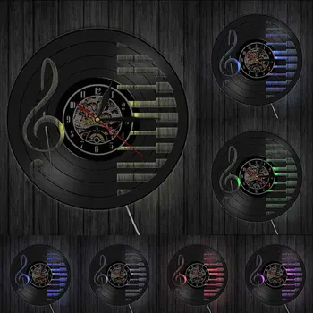 3D Vinila Ieraksts Sienas Pulkstenis Mūsdienu Dizaina Mūzika Klavierēm Piezīmes Skatīties ar 7 Dažādu Krāsu LED Mainīt Geek, Treble Clef Simbols Dekori