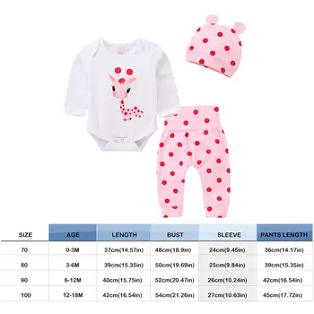 3pcs 0-18M Bērnu Rudens Temperaments Apģērbu Komplekts Baby Meitenes Komfortu Mīksto garām Piedurknēm Žirafe Dot Drukas Kombinezonus Bikses, Cepurīte