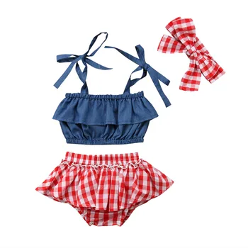 3Pcs Baby Girl Pleds Tērpiem Toddler Bērniem bez Piedurknēm Topi+Režģu Bikses+Galvas Drēbes