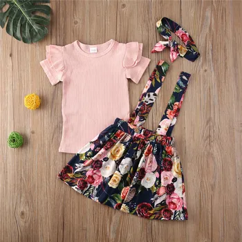 3Pcs Baby Girl Ziedu Savirmot Īsām Piedurknēm Topi, T krekls+Zeķu Kopumā Svārki+Galvas Apģērbs Vasaras Apģērbs Komplekts
