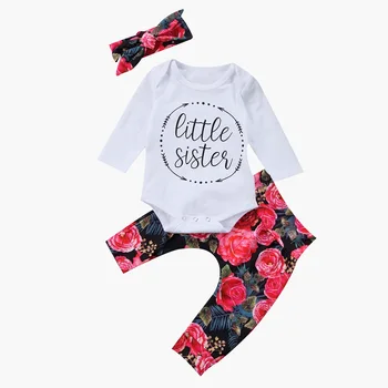 3PCS Baby Meitenes Clotthes Uzstādīt Rudens Ziedu Kokvilnas garām Piedurknēm Mazā Māsa Bodysuit Bikses Galvu Baby Girl Apģērbu Komplekti