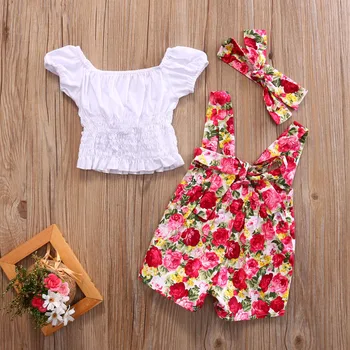 3Pcs bērnu Grils Dzimšanas diena apģērbu komplekts Baby Toddler Meitene pie pleca topi+Ziedu Bikses+galvas Apģērbs, Apģērbu komplekts