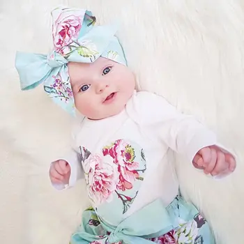 3pcs Jaundzimušais Meitene Drēbes ar garām piedurknēm Romper +ziedu Garās Bikses +galvas Apģērbs, apģērbu komplekts 0-24m