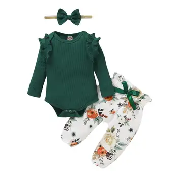 3PCS Jaundzimušais Meiteņu Drēbes ar garām Piedurknēm Romper Uzstādīt Ziedu Bikses+Priekšgala Galvu+Bodysuit Pavasara Rudens Gadījuma Ziedu Apģērbs, Komplekts
