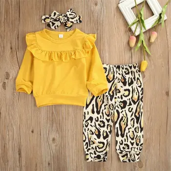 3PCS Jaundzimušais Zīdainis, Mazulis Meitene Drēbes ar garām Piedurknēm Cietā Adīšanas T-krekls Top Leopards Garas Bikses Bikses Galvu Apģērbs, Komplekts