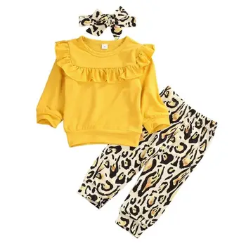 3PCS Jaundzimušais Zīdainis, Mazulis Meitene Drēbes ar garām Piedurknēm Cietā Adīšanas T-krekls Top Leopards Garas Bikses Bikses Galvu Apģērbs, Komplekts