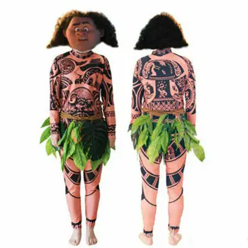 3PCS Moana Maui Tetovējums Halloween Pieaugušo Bērni Cosplay Kostīmi ar ar Lapām Dekoru T Krekls+Bikses+Svārki Cosplay Kostīmu AU