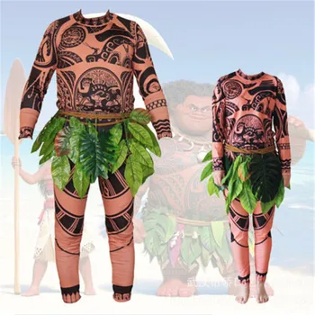 3PCS Moana Maui Tetovējums Halloween Pieaugušo Bērni Cosplay Kostīmi ar ar Lapām Dekoru T Krekls+Bikses+Svārki Cosplay Kostīmu AU