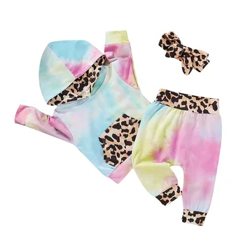 3Pcs Rudens Apģērbs kaklasaišu Krāsošanas Kapuci Ilgtermiņa Piedurknēm Džemperis Leopards Drukāt Brīvs Bikses Priekšgala Galvu par Baby Toddler Meitenes 3M 2Y