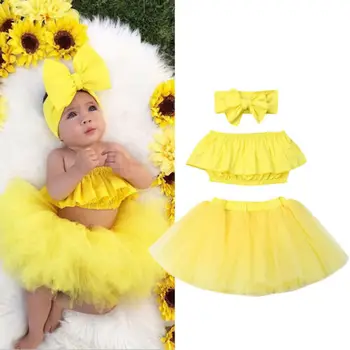 3PCS Toddler Bērniem, Baby Meitene Apģērbs, Apģērbu Komplekti Dzeltenā krāsā bez Piedurknēm, Vestes, Topi+ Tutu Svārki+Galvas Set Baby Girl Apģērbu