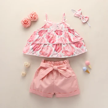 3PCS Vasaras Jaundzimušā bērna Baby Girl Apģērbu Komplekts bez Piedurknēm Savirmot Pavada Crop Topi + Īsās Bikses + Priekšgala Galvu Apģērbs, Komplekts