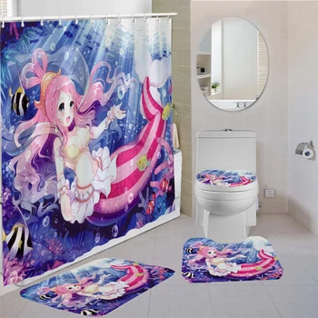 4 Gabali Aizkari Sirēna, Duša, Tualete Mat Karstā Anime Sexy Lady Bērniem Vanna Komplekti 3D Drukāšanas Vannas istaba Ērti Dušas Aizkars