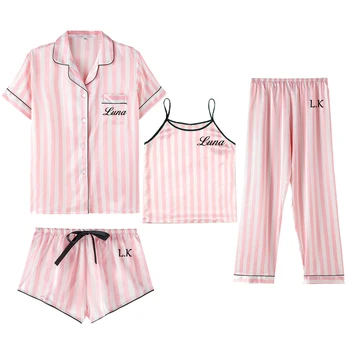 4 Gabals Personalizētu Nosaukums Sievietēm Sleepwear Mākslīgās Zīda Satīna Pidžamas Komplekts Piedurknēm Sleepwear Pidžamu Uzvalks Sieviešu Homewear