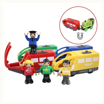 4 Krāsas Magnētiskā Elektronisko Transportlīdzekļu Rotaļlietas Bērniem Elektrisko Vilcienu Rotaļlietas Saderīgu Koka, Koka Dzelzceļa Dzimšanas Dienas Dāvana Bērniem