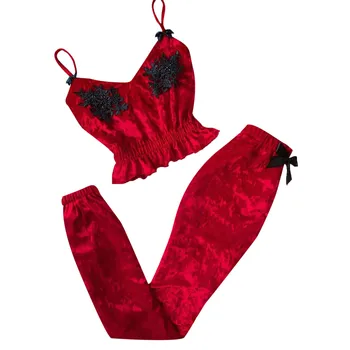 40# Sieviešu Pidžamas Sleepwear Kopas V-veida kakla Skropstu Mežģīnes Sexy Traipu Kamzolis Pidžamu Bowknot Bikses Komplekts Mežģīņu Apakšveļu, Naktsveļu Komplekts